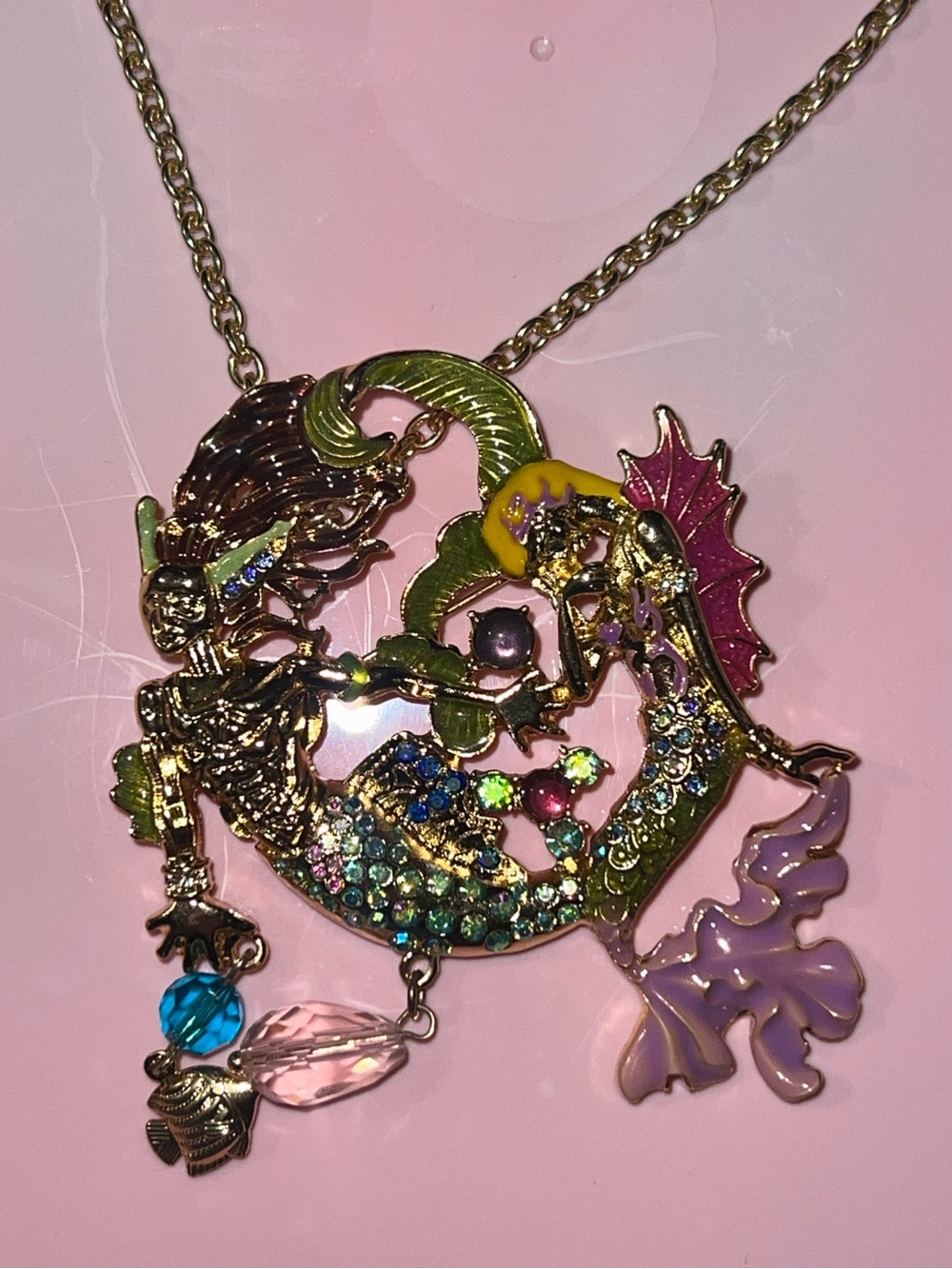 Colorful Mermaid Pendant Necklace - Gold Tone with Multicolor Accents